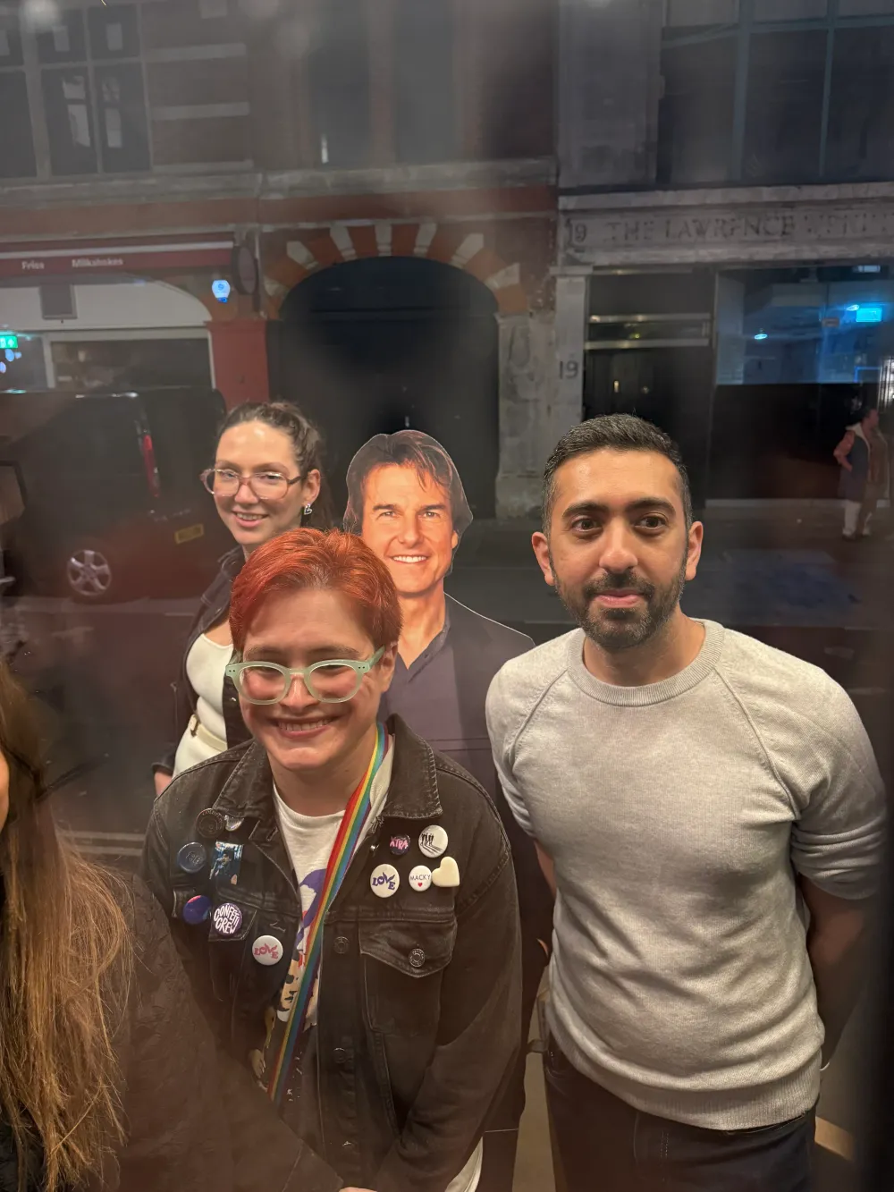 Jimmy Dushku, Hayley, and a cardboard cutout of Tom Cruise trying to get a restaurant reservation