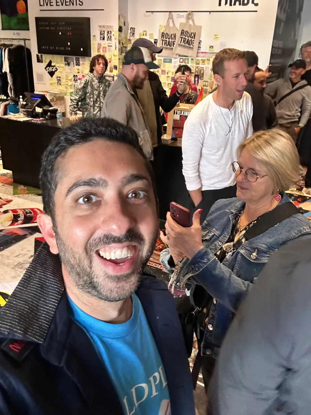Inside Rough Trade, moments after walking in on the band