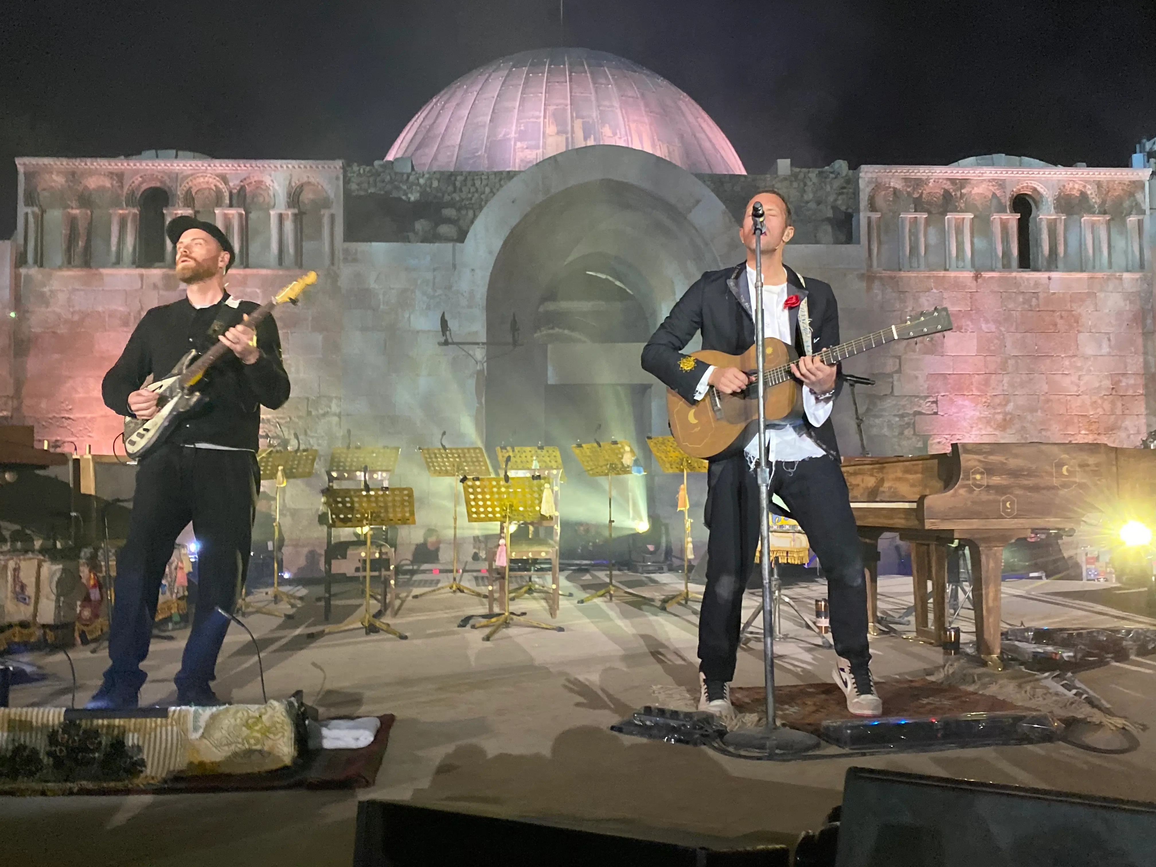 Coldplay performing at the Amman Citadel