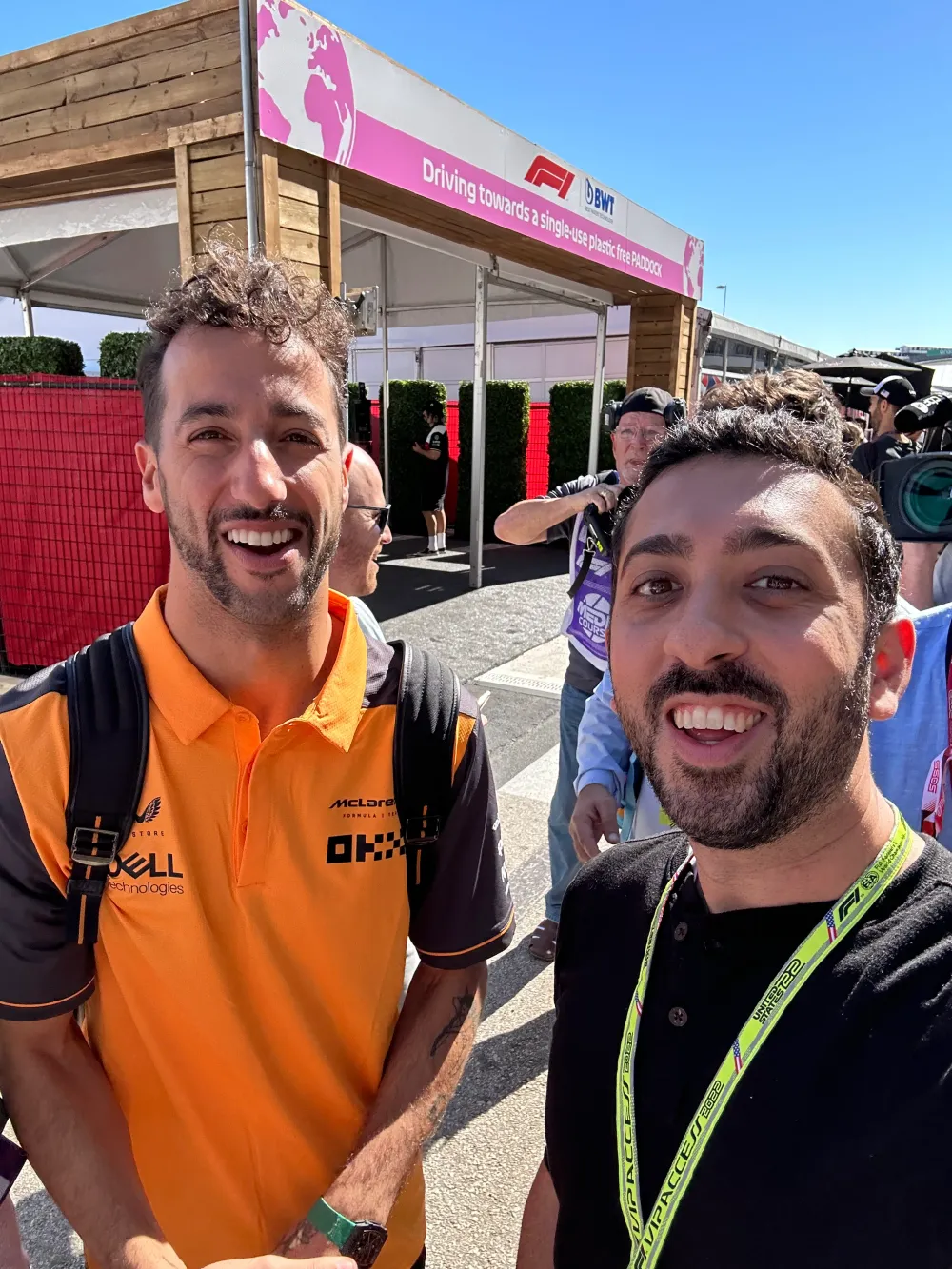 Jimmy Dushku with Daniel Ricciardo in the McLaren paddock