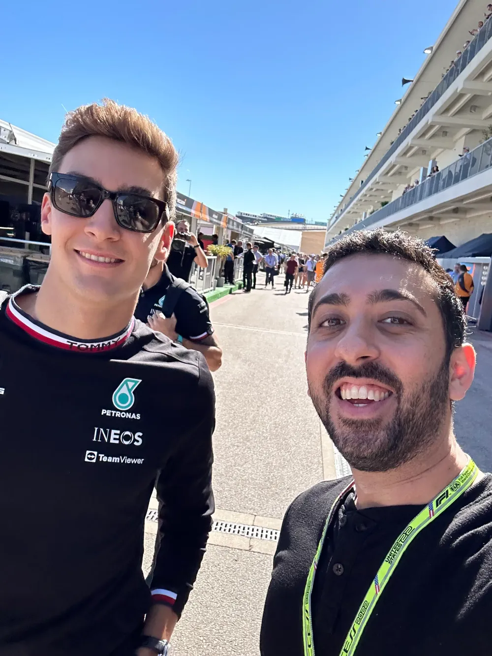 Jimmy Dushku with George Russell in the Mercedes paddock