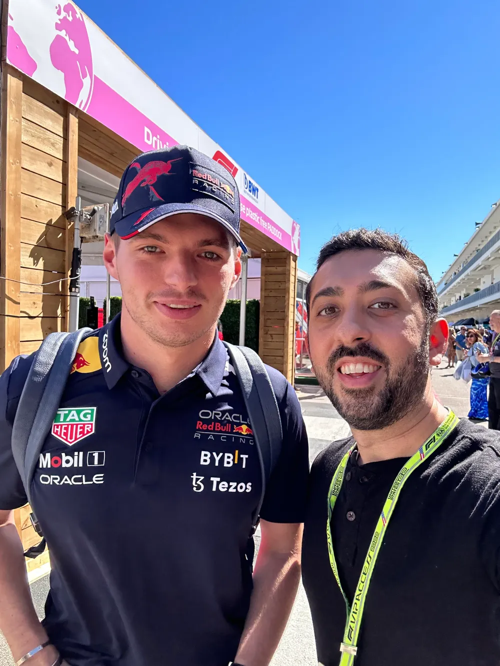 Jimmy Dushku with Max Verstappen in the Red Bull paddock