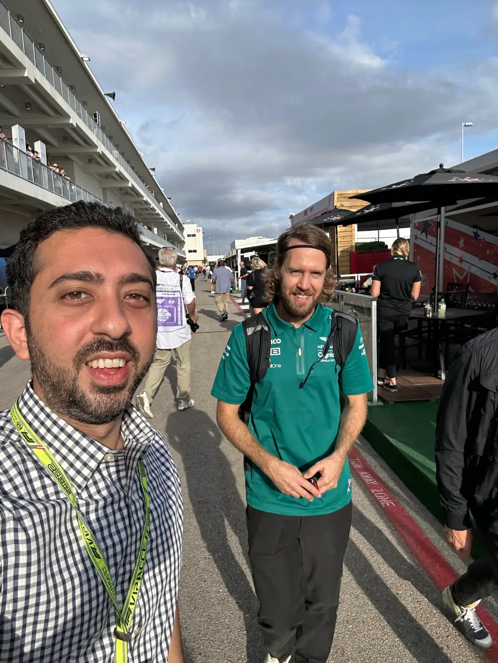 Jimmy Dushku with Sebastian Vettel in the Aston Martin paddock