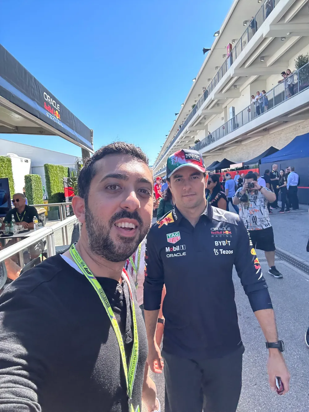 Jimmy Dushku with Sergio Pérez in the Red Bull paddock