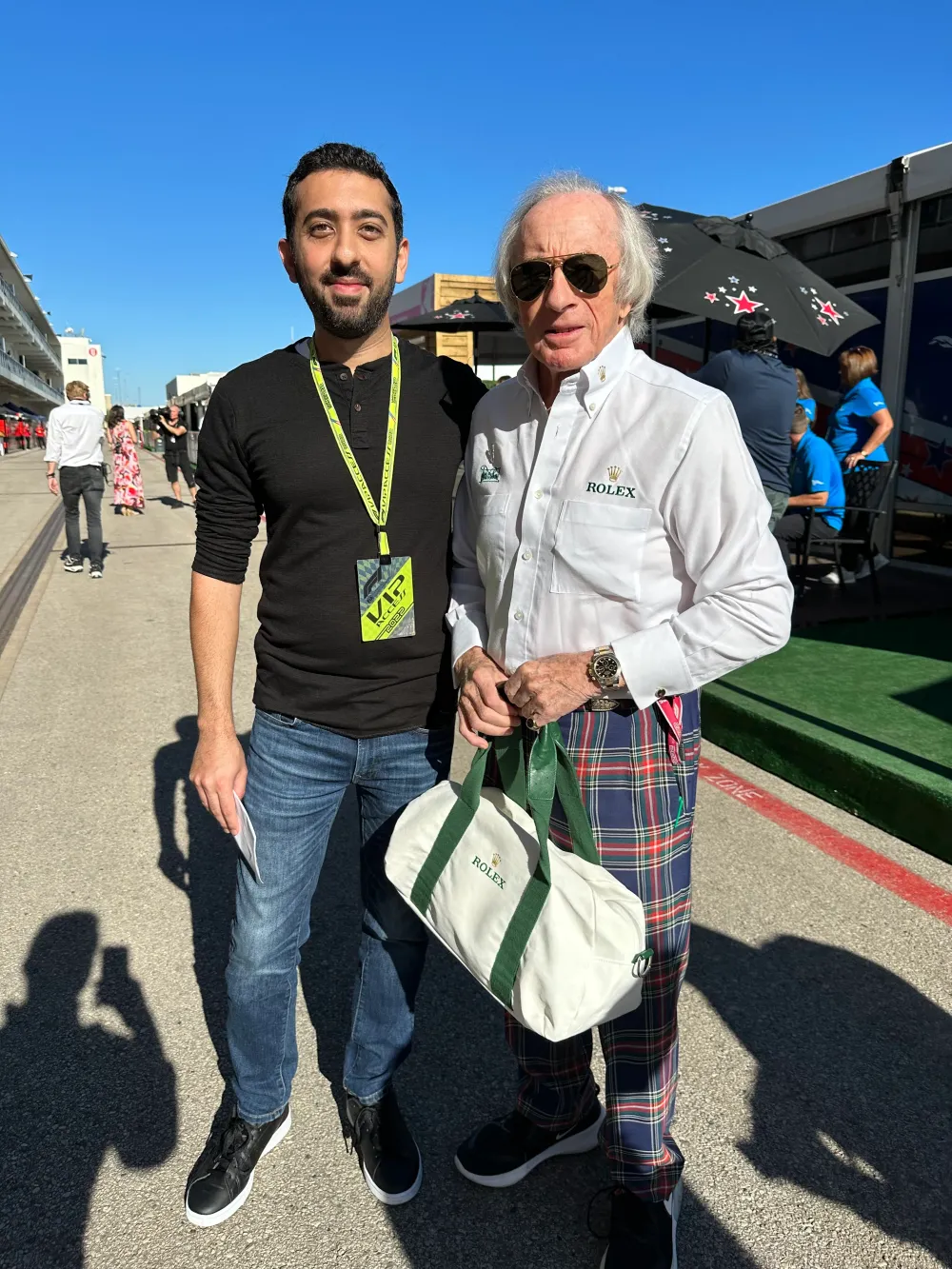 Jimmy Dushku with Sir Jackie Stewart in the paddock on Friday morning