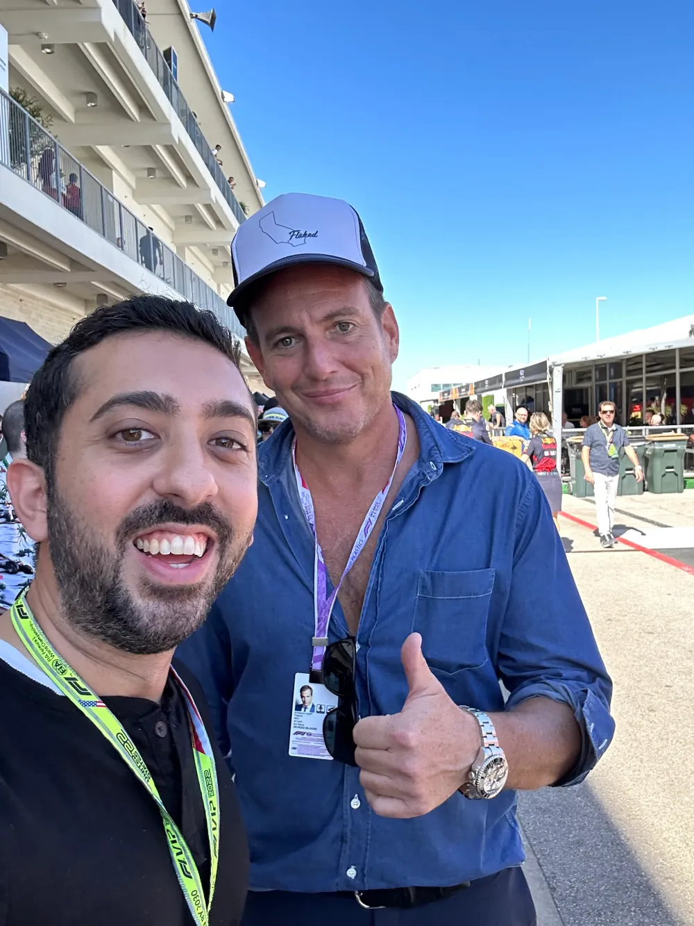 Jimmy Dushku with Will Arnett in the paddock